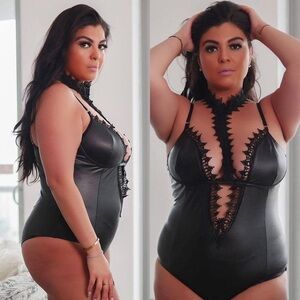 Black Lace Halter Bodysuit, size M-2XL